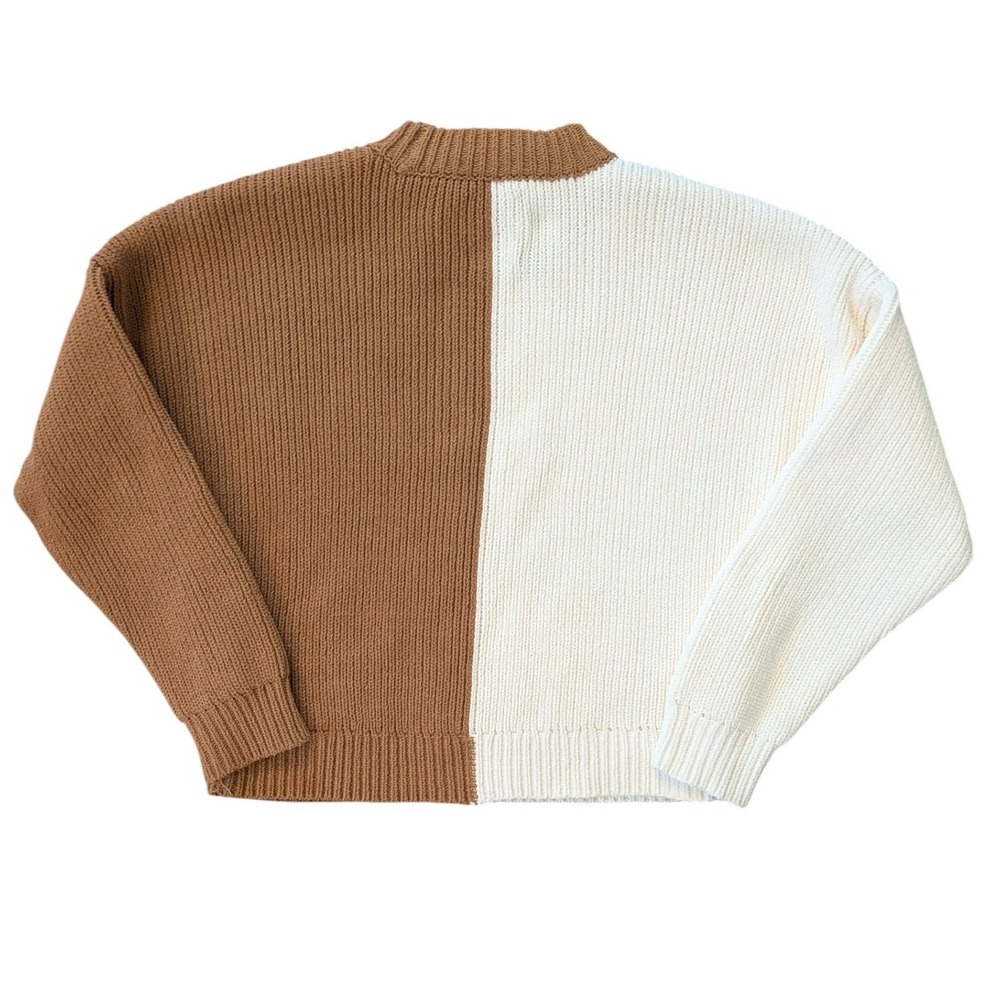 Abercrombie Fitch Colorblock Knit Sweater Women M Cream Brown Crew Neck Chenille - Picture 2 of 6